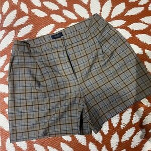 Rachel Plaid High-Rise Shorts in Gray and Brown